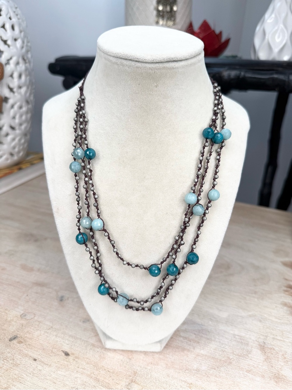 Boho Aqua Teal Glass Bead Multi Strand Necklace Faceted Blue Gray 18”